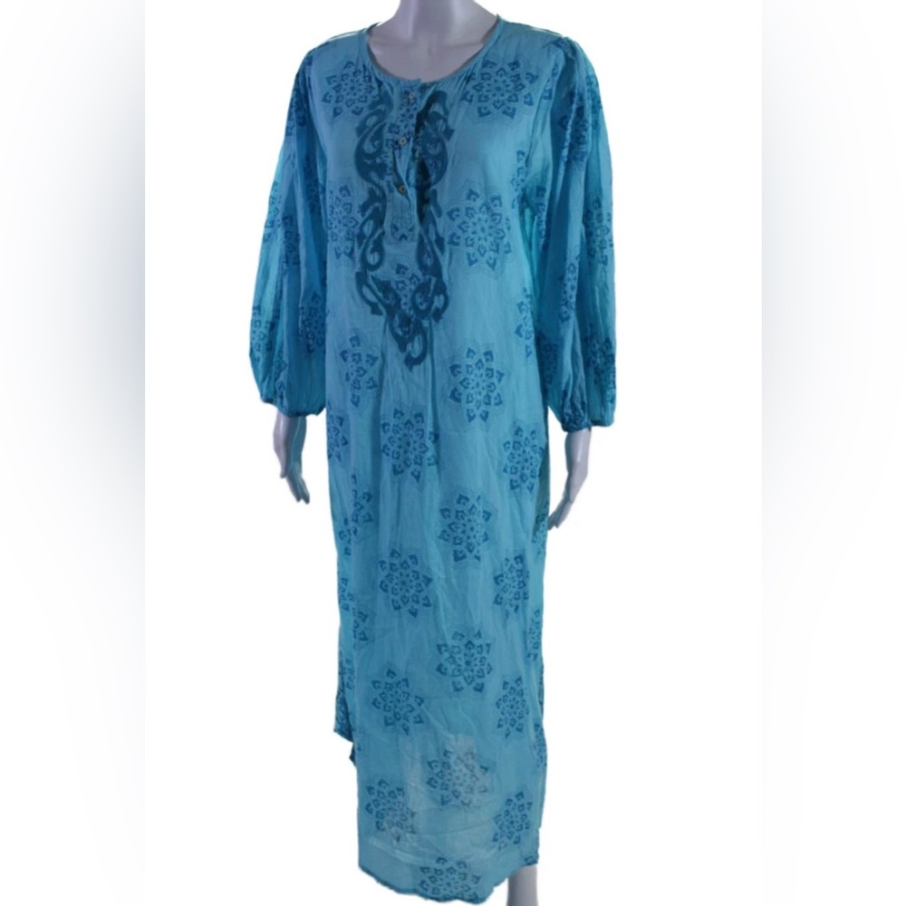 Ro's Garden Blue Floral Cotton Maxi Dress | Long Sleeves | L | Light | Elegant - Picture 3 of 11